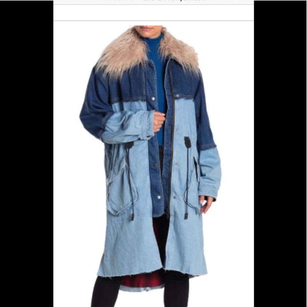 Free people patchwork denim coat w/faux fur collar